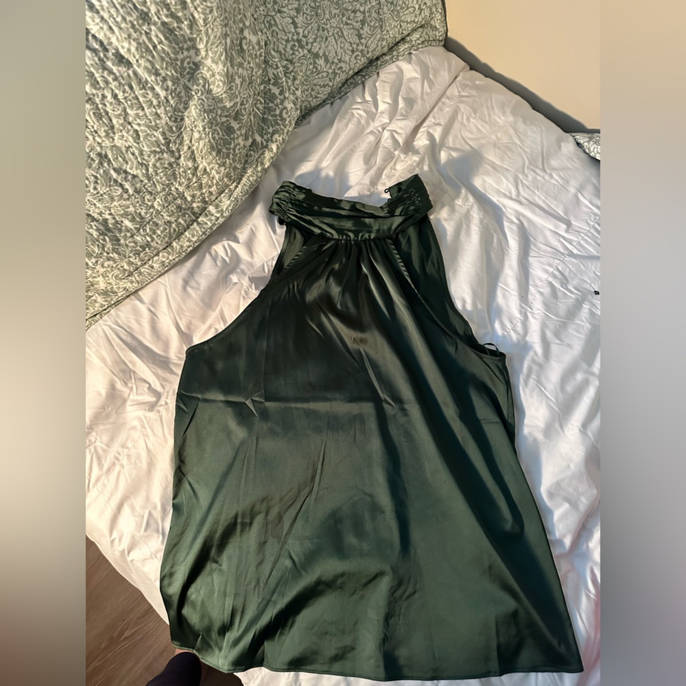 AQUA Green Silk High Neck Sleeveless Top